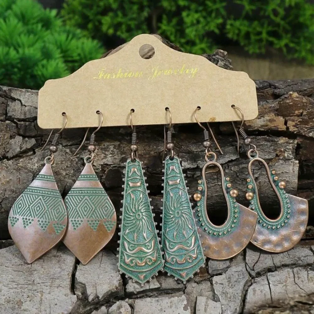 🤎🆕 🩵  3 Pair Boho Ancient Bronze Turquoise Vintage Inspired Earrings Set ✨
